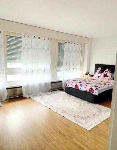 1 dormitorio con 1 cama y 2 ventanas en Kleine Wohnung im Zentrum Bern nähe Marzili en Berna