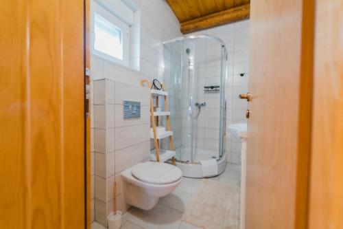 a bathroom with a toilet and a glass shower at Casa Verde and Casa Blue in Janja Gora