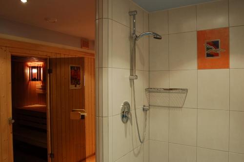 uma casa de banho com chuveiro e cabeça de chuveiro em Apart Edi em Kappl