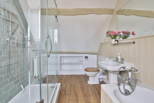 a bathroom with a shower toilet and a sink at Coombers Mead Cottage in Tetbury