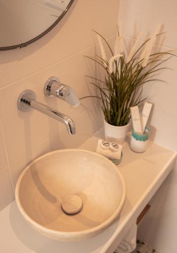 a sink in a bathroom with plants on a counter at Ammos Sifnos Village in Platis Yialos Sifnos