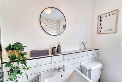 een badkamer met een wastafel, een spiegel en een toilet bij Guest Homes - Birches Barn in Wolverhampton