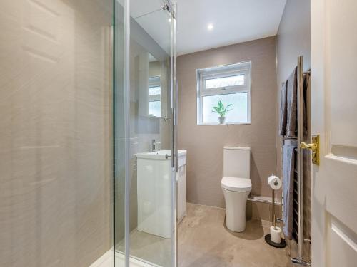 a bathroom with a toilet and a glass shower at Little Springfield in Hayle