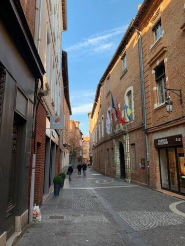 Une allée avec des personnes marchant dans une rue avec des bâtiments dans l'établissement Elégant T2 Proche Cathédrale Centre Historique, à Albi