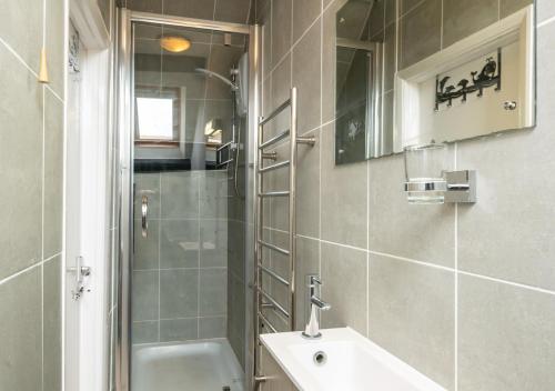 a bathroom with a shower and a sink and a toilet at Storm Cottage in Robin Hood's Bay