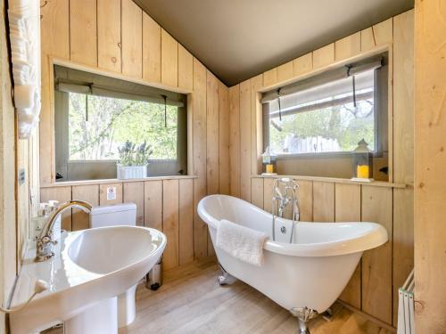 ein Badezimmer mit zwei Waschbecken, einer Badewanne und zwei Fenstern in der Unterkunft Bluebell - Uk43602 in Llangyniew