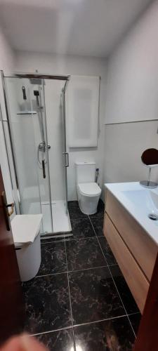 a bathroom with a toilet and a shower and a sink at Apartamento constitución in Camargo