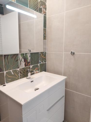 een badkamer met een witte wastafel en een spiegel bij MOULIN DE MAUZAC - Gîte Cap Océan in Saint-Just