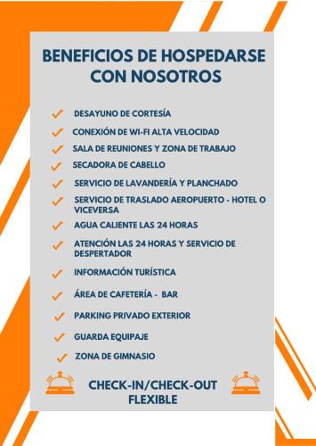 a menu for a restaurant with orange and white stripes at Hotel Plaza San Antonio Arequipa in Arequipa