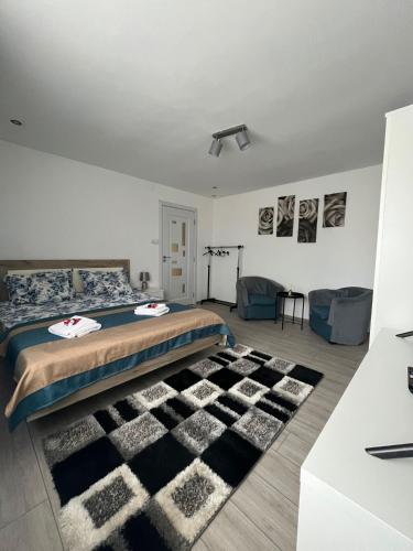 a bedroom with a bed and a black and white rug at Karlsburg Studio in Alba Iulia
