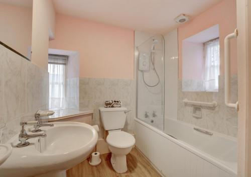 a bathroom with a toilet and a sink and a shower at South View Cottage in Horton in Ribblesdale