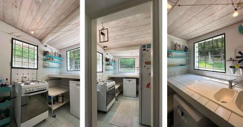 - deux vues sur une cuisine dans une petite maison dans l'établissement Casa Indipendente - Vasto Parco Naturale & Lago di Lugano, à Cuasso Al Monte