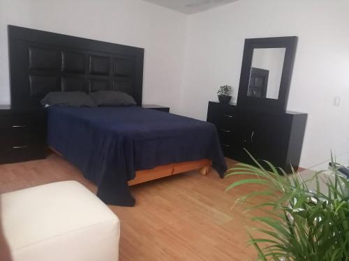 1 dormitorio con 1 cama con manta azul y espejo en AmpliaCasaconPrivacidad en Toluca