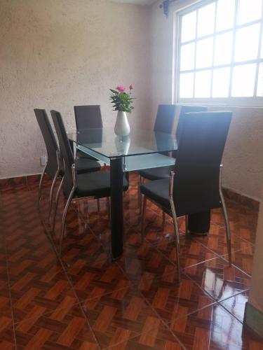 einen Esstisch mit Stühlen und eine Vase mit einer Blume in der Unterkunft AmpliaCasaconPrivacidad in Toluca de Lerdo