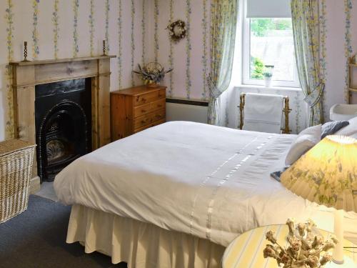 a bedroom with a bed and a fireplace and a window at Sunnyside in Balnald
