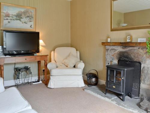 a living room with a fireplace and a chair and a television at Sunnyside in Balnald