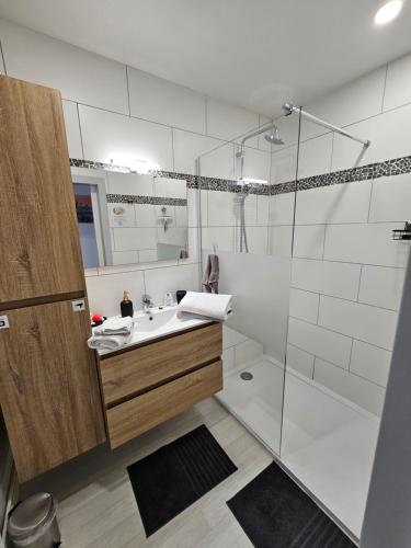 a bathroom with a sink and a shower at Le Bellevue in Givet