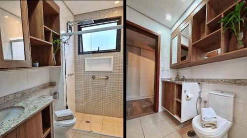 2 Bilder eines Badezimmers mit WC und Waschbecken in der Unterkunft Apê Encantador Perto do Centro Turístico Capivari in Campos do Jordão
