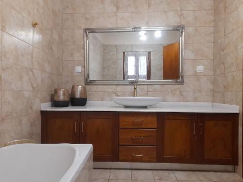 La salle de bains est pourvue d'un lavabo et d'un grand miroir. dans l'établissement Villa archontiko, à Kamilárion