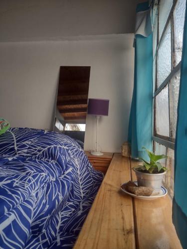 a bedroom with a bed with a blue and white comforter at Espacio de arte físico in Buenos Aires
