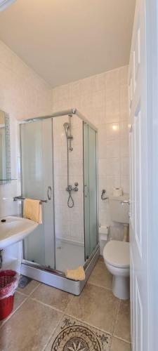 a bathroom with a shower and a toilet and a sink at Bed & Breakfast BARBARA in Novi Vinodolski