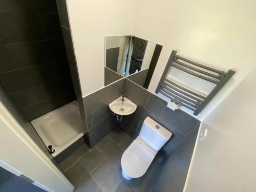 een kleine badkamer met een toilet en een wastafel bij Zzzimple - Staffless & Self Check-In in Pillig