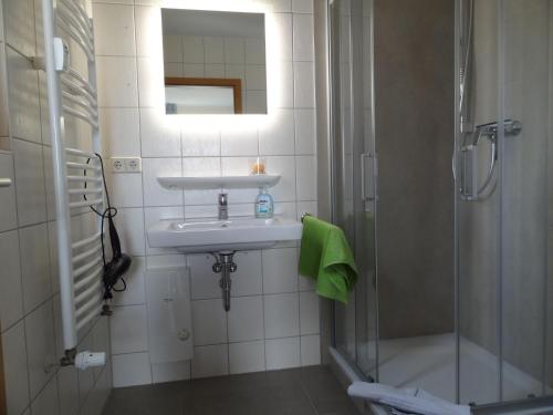 ein Bad mit einem Waschbecken und einer Dusche in der Unterkunft Yachthafenresidenz - Wohnung 5306 / 817 in Kühlungsborn