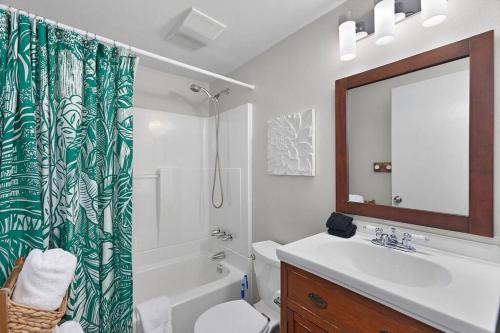 a bathroom with a sink and a shower curtain at Greenwood Mother in Law in Seattle