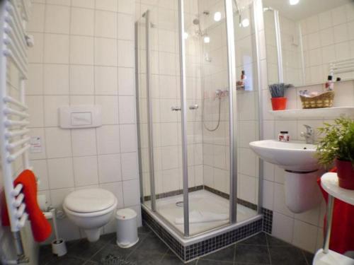 ein Bad mit einer Dusche, einem WC und einem Waschbecken in der Unterkunft Yachthafenresidenz - Wohnung 7204 / 915 in Kühlungsborn