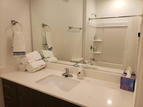uma casa de banho branca com um lavatório e um espelho em Luxury Living with Resort Amenities King bd Queens bd Sofa bd GymPoolHot Tub Fast WiFi em Draper