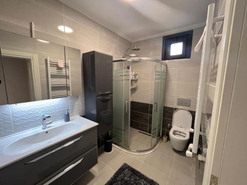 W łazience znajduje się umywalka, prysznic i toaleta. w obiekcie Villa Nature w mieście Trabzon