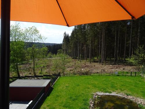 a view of a patio with an orange umbrella at Sammy's FeWo in Hahnenklee-Bockswiese