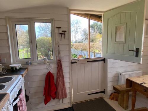 een kleine keuken met een witte deur en een wastafel bij Hideaway in the Hills in Church Stretton