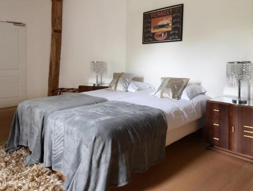 a bedroom with two beds and a table with lamps at Château - Hôtel Le Sallay in Magny-Cours