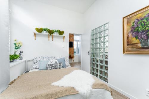 1 dormitorio con 1 cama en una habitación blanca en Apartmany Albrechtice en Albrechtice nad Orlicí