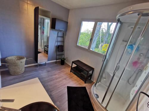 a bathroom with a shower and a room with a table at Grande maison détente & loisirs in Sargé-sur-Braye
