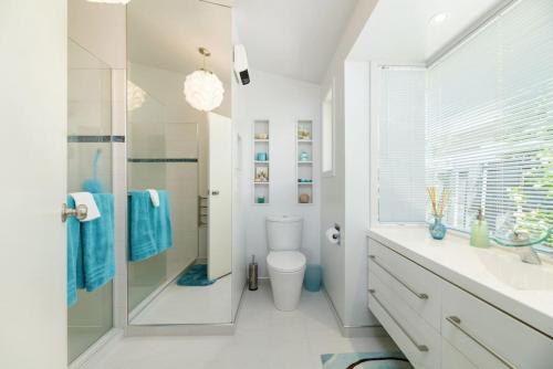 a white bathroom with a shower and a toilet at Pats Place on the Beach in Papamoa