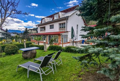 a house with chairs and a table in the yard at Casa Danci II in Borşa