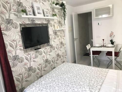1 dormitorio con TV en la pared en Precioso Apartamento nuevo con Jardín privado, en Paracuellos de Jarama