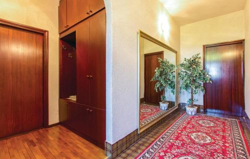 a hallway with a mirror and a rug at Rooms Croatia with parking, kitchen and dining area for guests in Rijeka