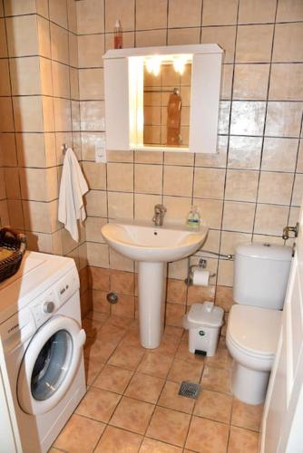a small bathroom with a sink and a toilet at Panos House Andros in Andros
