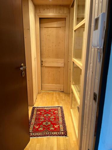 una puerta que conduce a un armario con una alfombra en el suelo en MONOLOCALE LA BORMINA en Bormio