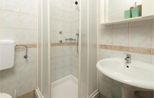La salle de bains blanche est pourvue d'un lavabo et d'une douche. dans l'établissement Beautiful Apartment In Pavicini With Wifi, à Pavicini
