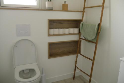 La salle de bains est pourvue de toilettes et d'une échelle en bois. dans l'établissement Logement à 100m du virage d'Arnage- Circuit des 24h du Mans - 6 personnes, à Arnage