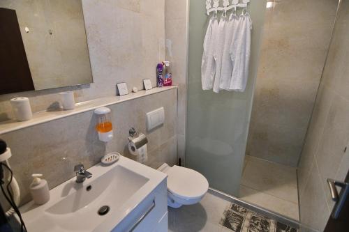 a bathroom with a sink and a toilet and a shower at Apartmán Bling s vírivkou Zemplínska Šírava in Kaluža
