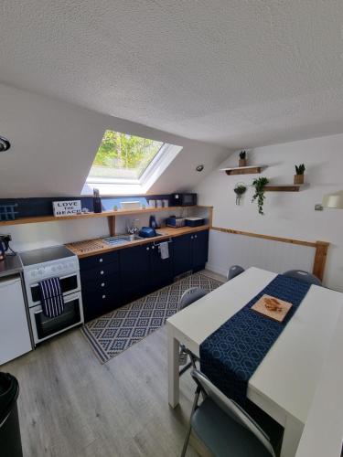 uma cozinha com uma mesa, um lavatório e um fogão em Holly Lodge em Pembrokeshire