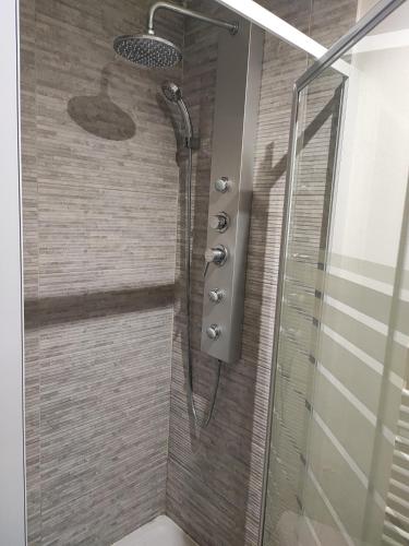 une douche avec pommeau de douche dans une salle de bain dans l'établissement Le Havre, 1 chambre , appartement Sympa en centre ville, au Havre