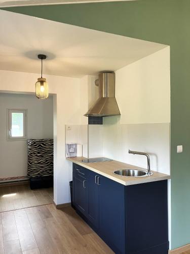 une cuisine avec des armoires bleues et un évier dans l'établissement Makivka - A 5 min de Cognac - Maison entière avec 2 chambres, à Boutiers-Saint-Trojan