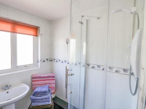 y baño con ducha y lavamanos. en Beech Cottage en Ulverston