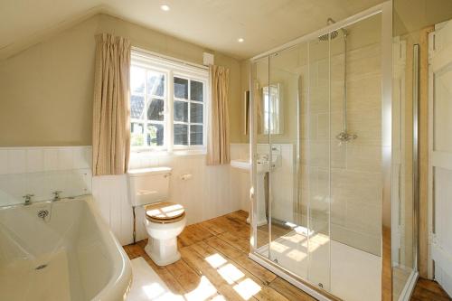 uma casa de banho com um WC e uma cabina de duche em vidro. em 9 Whinlands em Thorpeness
